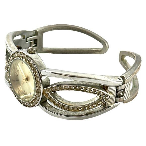 Vintage Silver-Tone Cuff Bracelet Watch with Rhinestones – Japan Movement Works - Picture 4 of 7